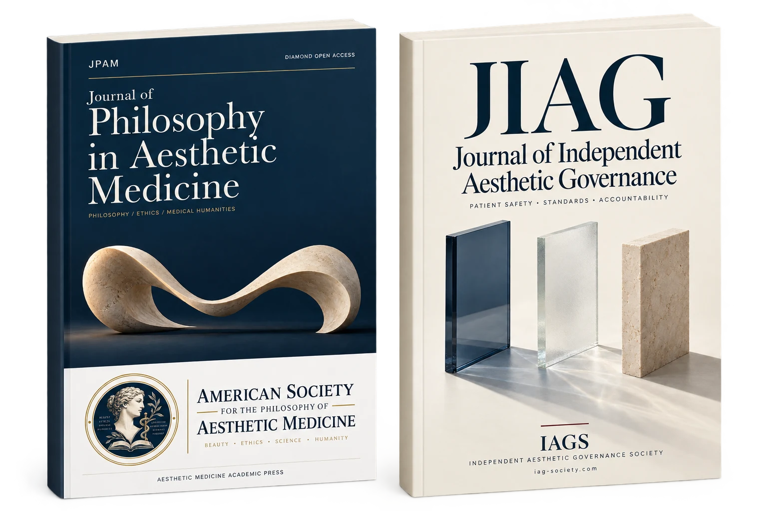 JPAM und JIAG gemeinsam: eine räumliche Darstellung beider Journale mit ihren Originalcovern.