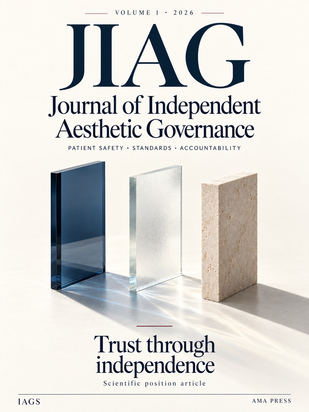 JIAG, Band 1 (2026). Titelbeitrag: Vertrauen durch Unabhängigkeit. Drei getrennte Glas- und Steinflächen als Sinnbild unabhängiger Governance.